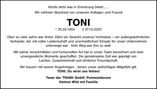 Traueranzeige von Toni  von Hersbrucker Zeitung Lokal