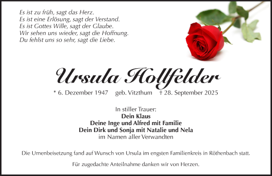 Traueranzeige von Ursula Hollfelder von Pegnitz-Zeitung