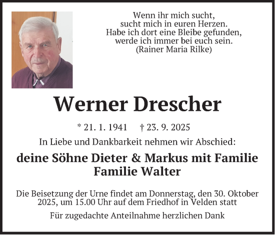 Traueranzeige von Werner Drescher von Hersbrucker Zeitung Lokal