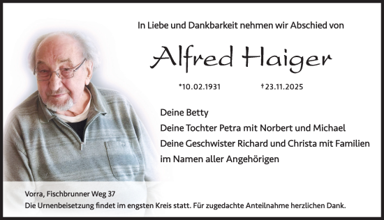 Traueranzeige von Alfred Haiger von Hersbrucker Zeitung Lokal