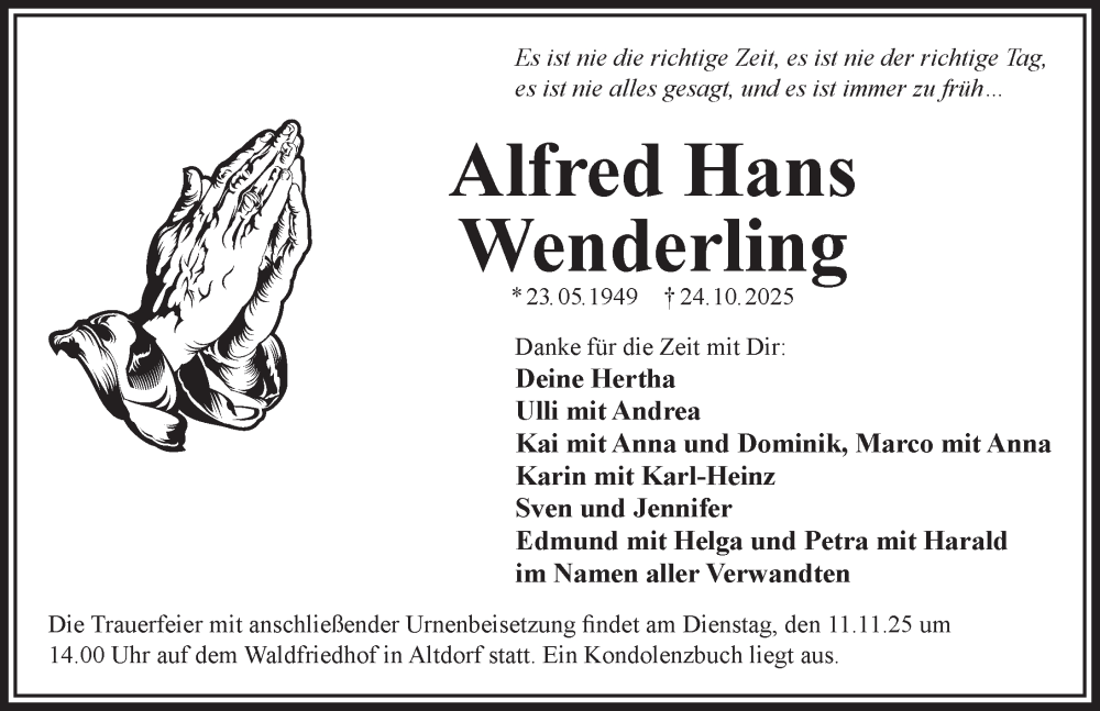  Traueranzeige für Alfred Hans Wenderling vom 08.11.2025 aus Der Bote