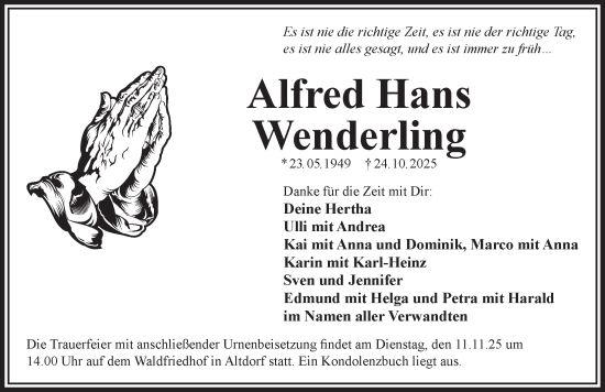 Traueranzeige von Alfred Hans Wenderling von Der Bote