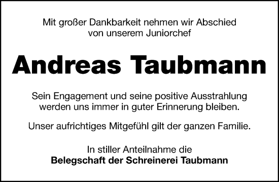 Traueranzeige von Andreas Taubmann von Hersbrucker Zeitung Lokal