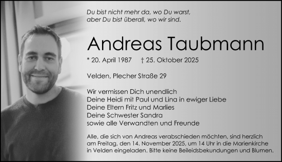 Traueranzeige von Andreas Taubmann von Hersbrucker Zeitung Lokal