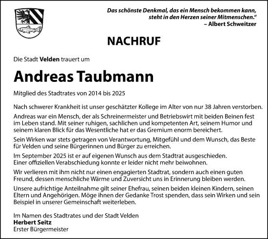 Traueranzeige von Andreas Taubmann von Hersbrucker Zeitung Lokal