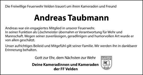 Traueranzeige von Andreas Taubmann von Hersbrucker Zeitung Lokal
