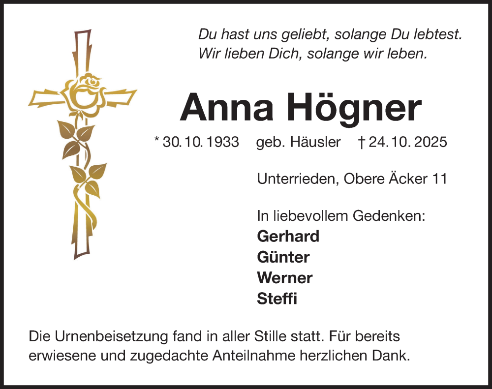  Traueranzeige für Anna Högner vom 15.11.2025 aus Der Bote