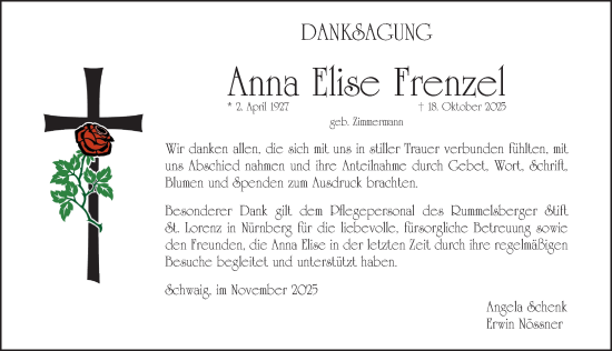 Traueranzeige von Anna Elise Frenzel von Pegnitz-Zeitung