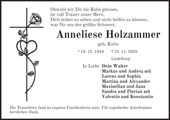 Traueranzeige von Anneliese Holzammer von Der Bote