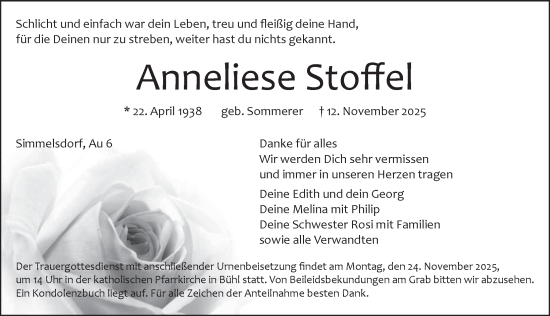 Traueranzeige von Anneliese Stoffel von Pegnitz-Zeitung