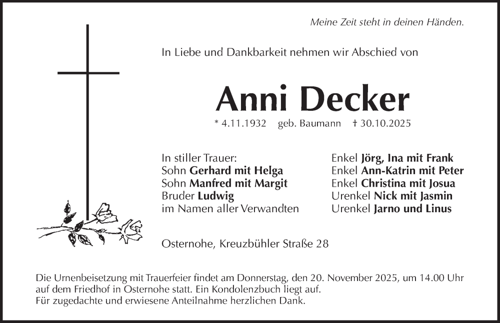  Traueranzeige für Anni Decker vom 15.11.2025 aus Pegnitz-Zeitung