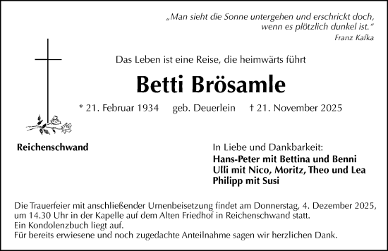 Traueranzeige von Betti Brösamle von Hersbrucker Zeitung Lokal