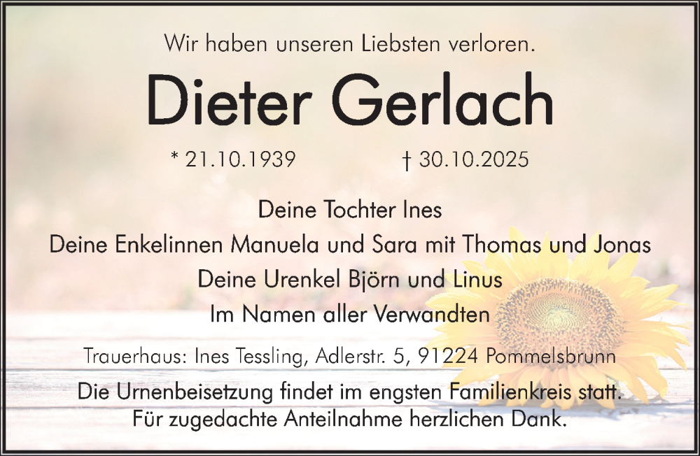  Traueranzeige für Dieter Gerlach vom 19.11.2025 aus Hersbrucker Zeitung Lokal
