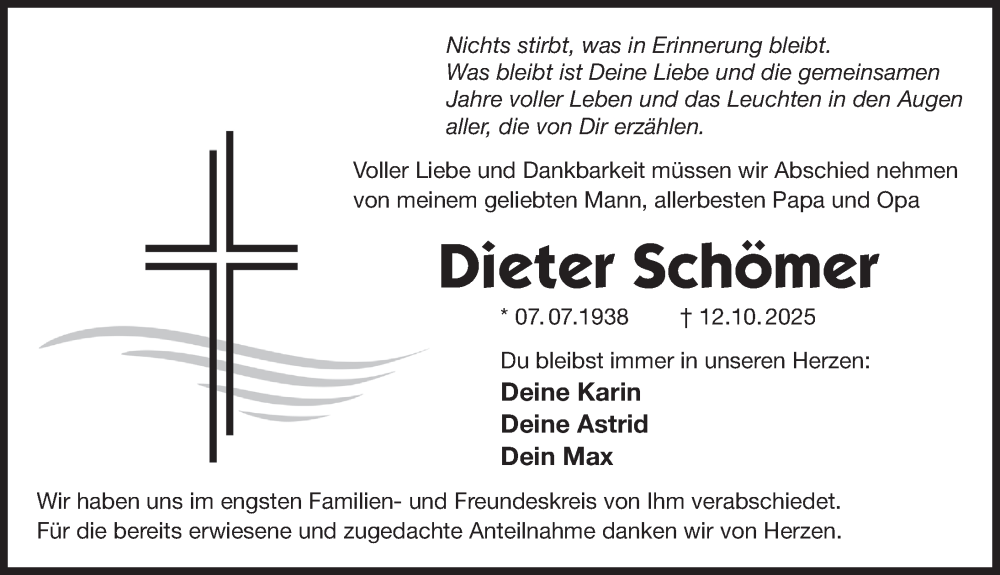  Traueranzeige für Dieter Schömer vom 22.11.2025 aus Der Bote