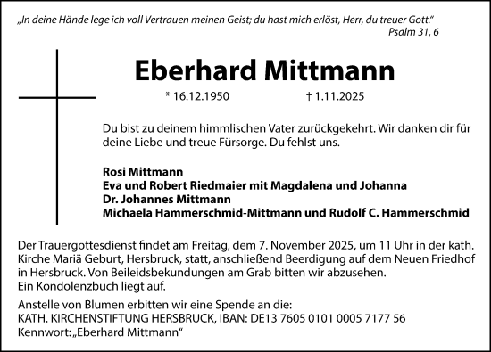 Traueranzeige von Eberhard Mittmann von Hersbrucker Zeitung Lokal