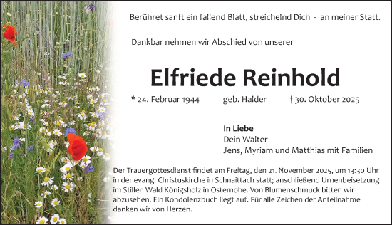 Traueranzeige von Elfriede Reinhold von Pegnitz-Zeitung
