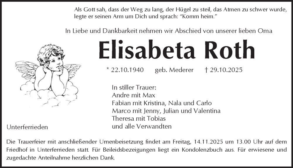  Traueranzeige für Elisabeta Roth vom 08.11.2025 aus Der Bote