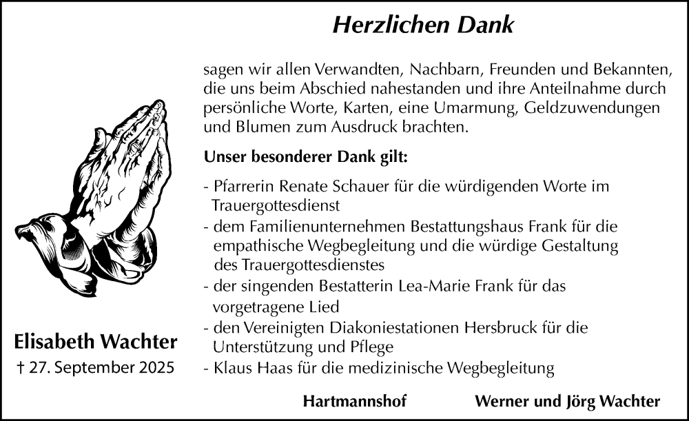  Traueranzeige für Elisabeth Wachter vom 15.11.2025 aus Hersbrucker Zeitung Lokal