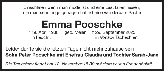 Traueranzeige von Emma Pooschke von Der Bote