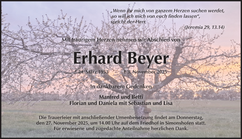  Traueranzeige für Erhard Beyer vom 22.11.2025 aus Pegnitz-Zeitung