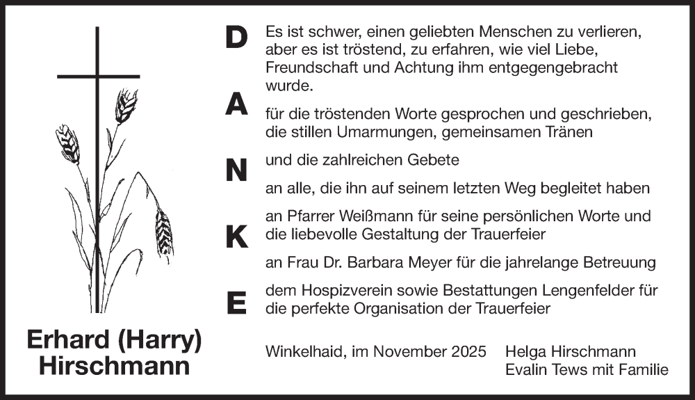  Traueranzeige für Erhard Hirschmann vom 22.11.2025 aus Der Bote