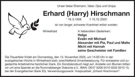 Traueranzeige von Erhard Hirschmann von Der Bote