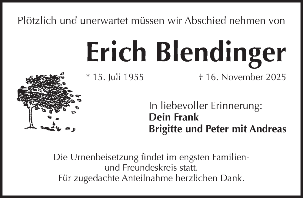  Traueranzeige für Erich Blendinger vom 29.11.2025 aus Pegnitz-Zeitung