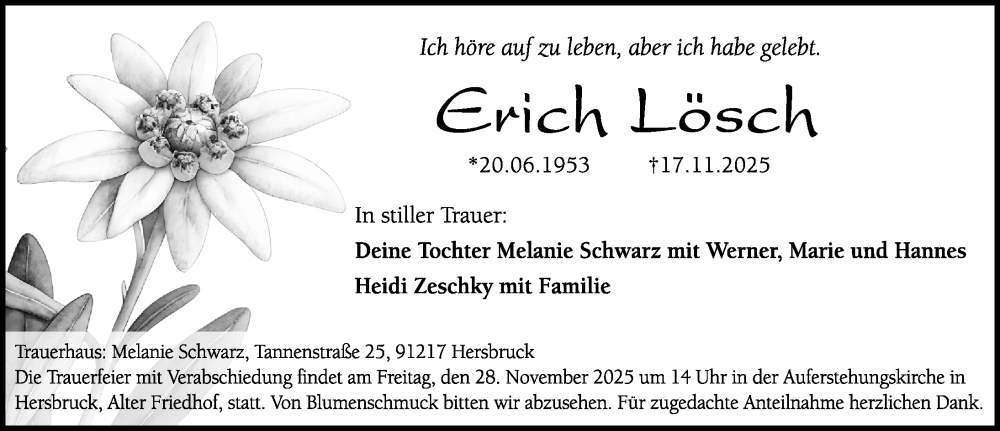  Traueranzeige für Erich Lösch vom 22.11.2025 aus Hersbrucker Zeitung Lokal