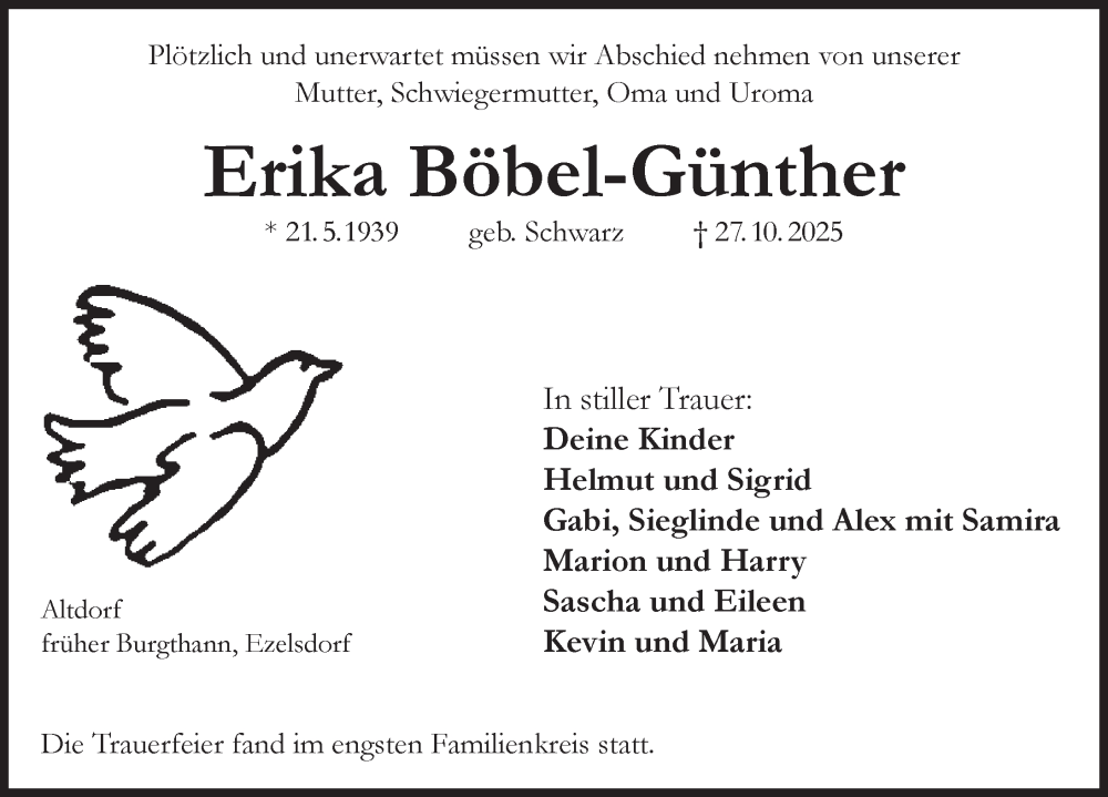  Traueranzeige für Erika Böbel-Günther vom 15.11.2025 aus Der Bote