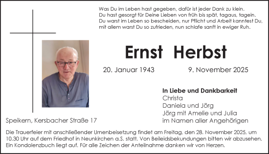 Traueranzeige von Ernst Herbst von Pegnitz-Zeitung