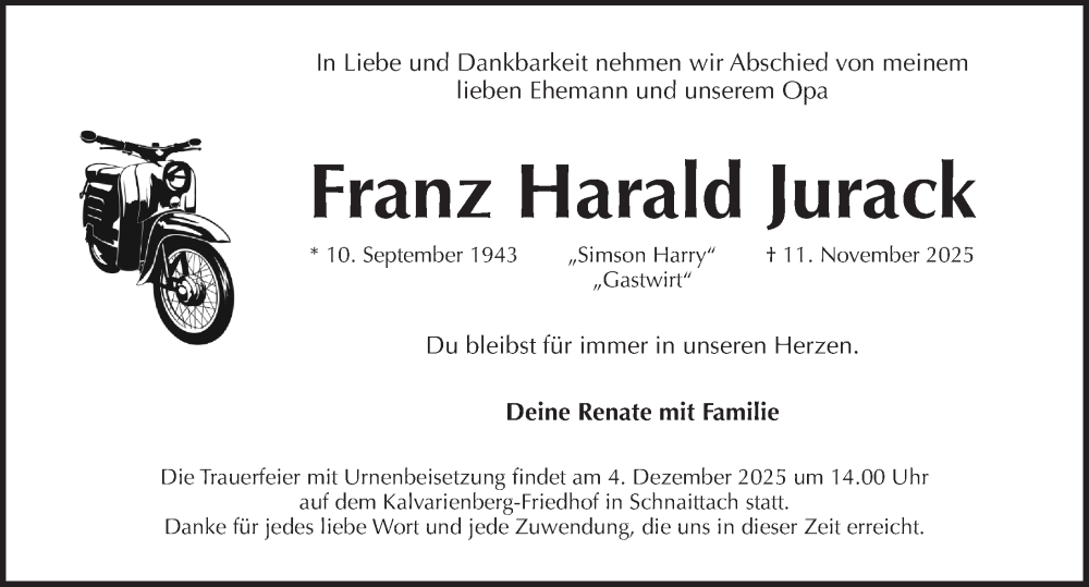  Traueranzeige für Franz Harald Jurack vom 29.11.2025 aus Pegnitz-Zeitung