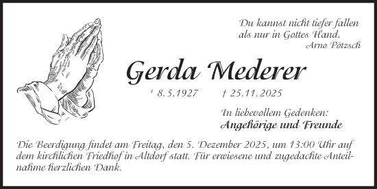 Traueranzeige von Gerda Mederer von Der Bote