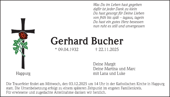 Traueranzeige von Gerhard Bucher von Hersbrucker Zeitung Lokal