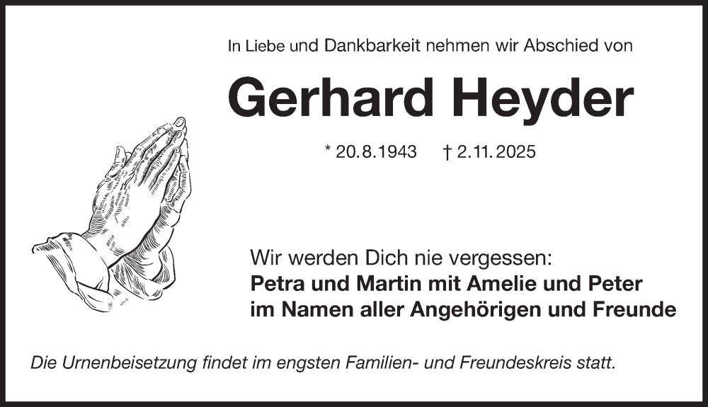  Traueranzeige für Gerhard Heyder vom 08.11.2025 aus Der Bote