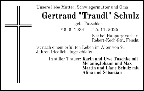 Traueranzeige von Gertraud Schulz von Der Bote