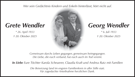 Traueranzeige von Grete und Georg Wendler von Pegnitz-Zeitung