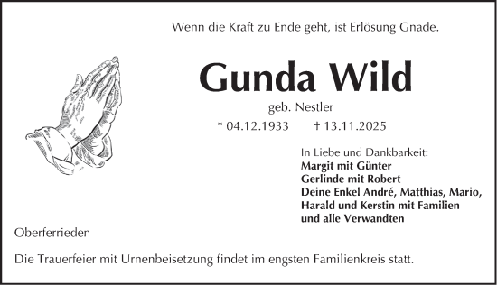 Traueranzeige von Gunda Wild von Der Bote