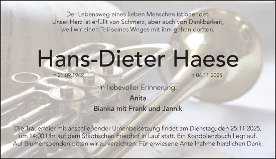 Traueranzeige von Hans-Dieter Haese von Pegnitz-Zeitung