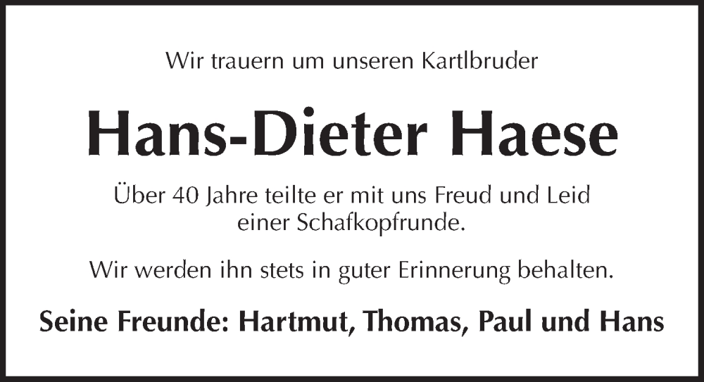  Traueranzeige für Hans-Dieter Haese vom 24.11.2025 aus Pegnitz-Zeitung