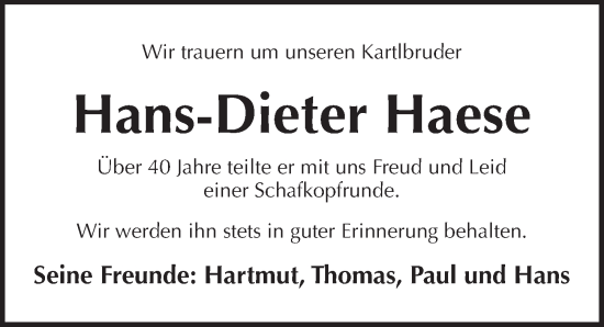 Traueranzeige von Hans-Dieter Haese von Pegnitz-Zeitung