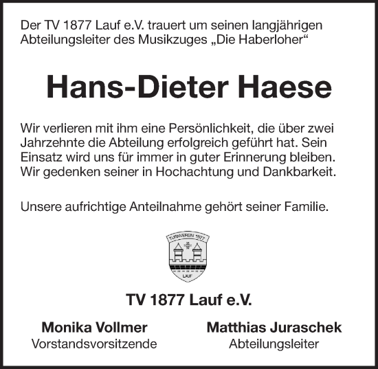 Traueranzeige von Hans-Dieter Haese von Pegnitz-Zeitung