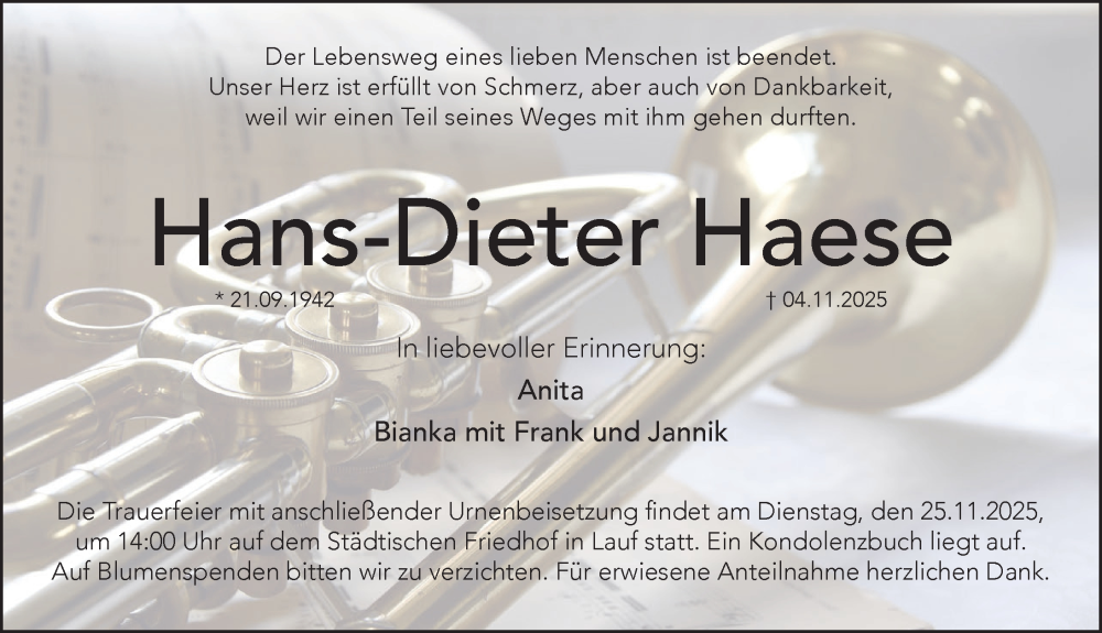  Traueranzeige für Hans-Dieter Haese vom 15.11.2025 aus Pegnitz-Zeitung