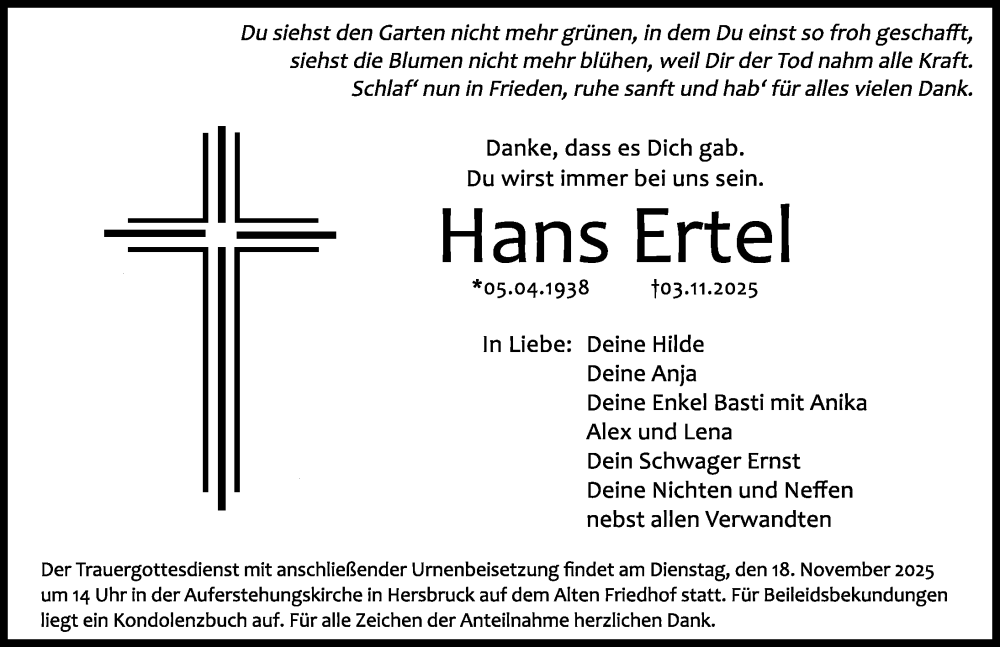  Traueranzeige für Hans Ertel vom 15.11.2025 aus Hersbrucker Zeitung Lokal