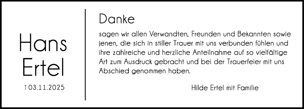 Traueranzeige für Hans Ertel vom 29.11.2025 aus Hersbrucker Zeitung Lokal