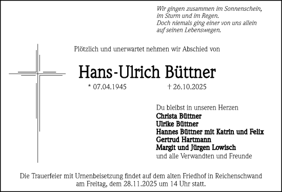 Traueranzeige von Hans-Ulrich Büttner von Hersbrucker Zeitung Lokal