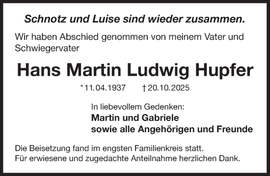 Traueranzeige von Hans Martin Ludwig Hupfer von Der Bote