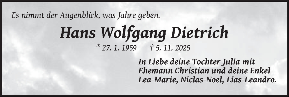  Traueranzeige für Hans Wolfgang Dietrich vom 08.11.2025 aus Pegnitz-Zeitung