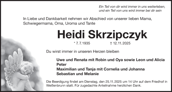 Traueranzeige von Heidi Skrzipczyk von Der Bote