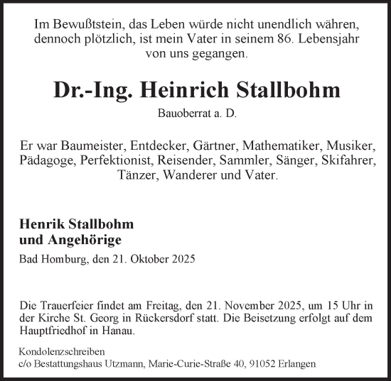 Traueranzeige von Heinrich Stallbohm von Pegnitz-Zeitung