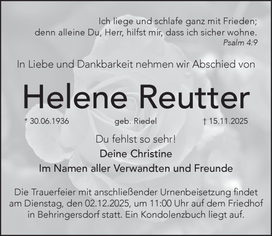 Traueranzeige von Helene Reutter von Pegnitz-Zeitung
